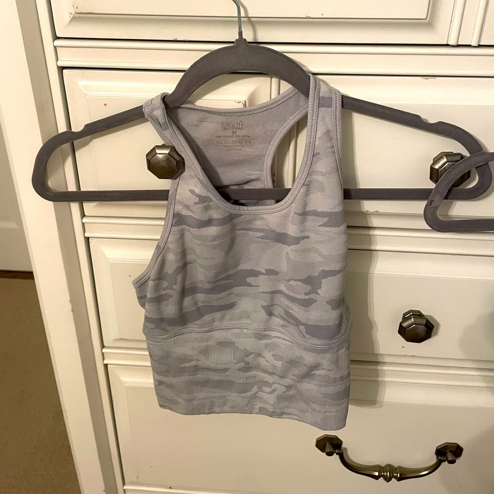 Grey and white camo tank top.